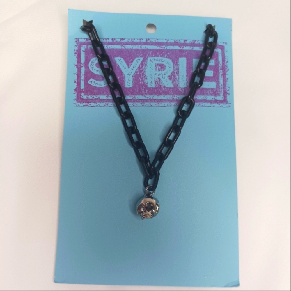 Plastic Black Link Necklace with Silver Skull with Rhinestone Eyes.
